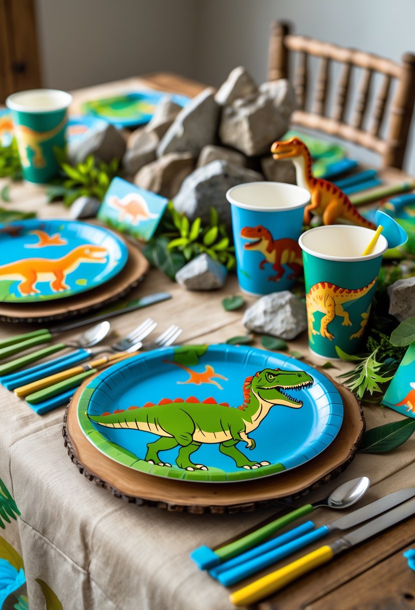 A birthday party table set with colorful dinosaur-themed plates, cups, napkins, and decorations including small dinosaur figurines and green foliage.