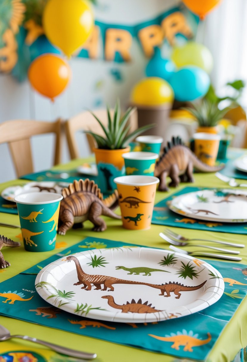 A birthday party table set with dinosaur fossil-themed placemats and colorful party supplies for each guest.