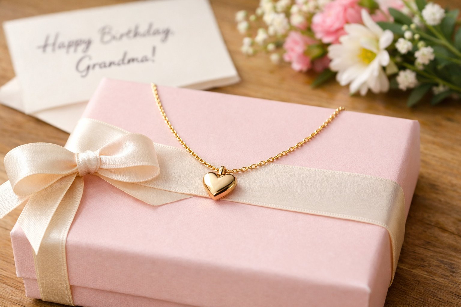 A gold heart-shaped necklace on a pastel gift box with a ribbon, a birthday card, and flowers in the background.
