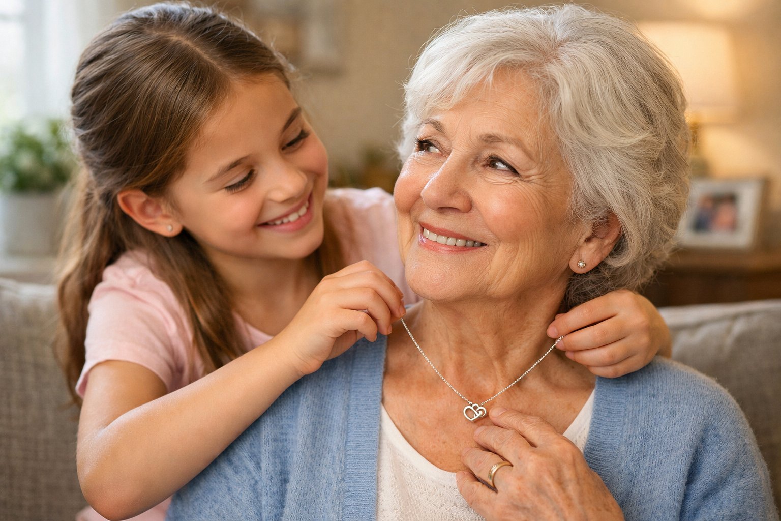 A granddaughter places a birthday necklace around her grandmother's neck as they share a happy moment together in a cozy living room.