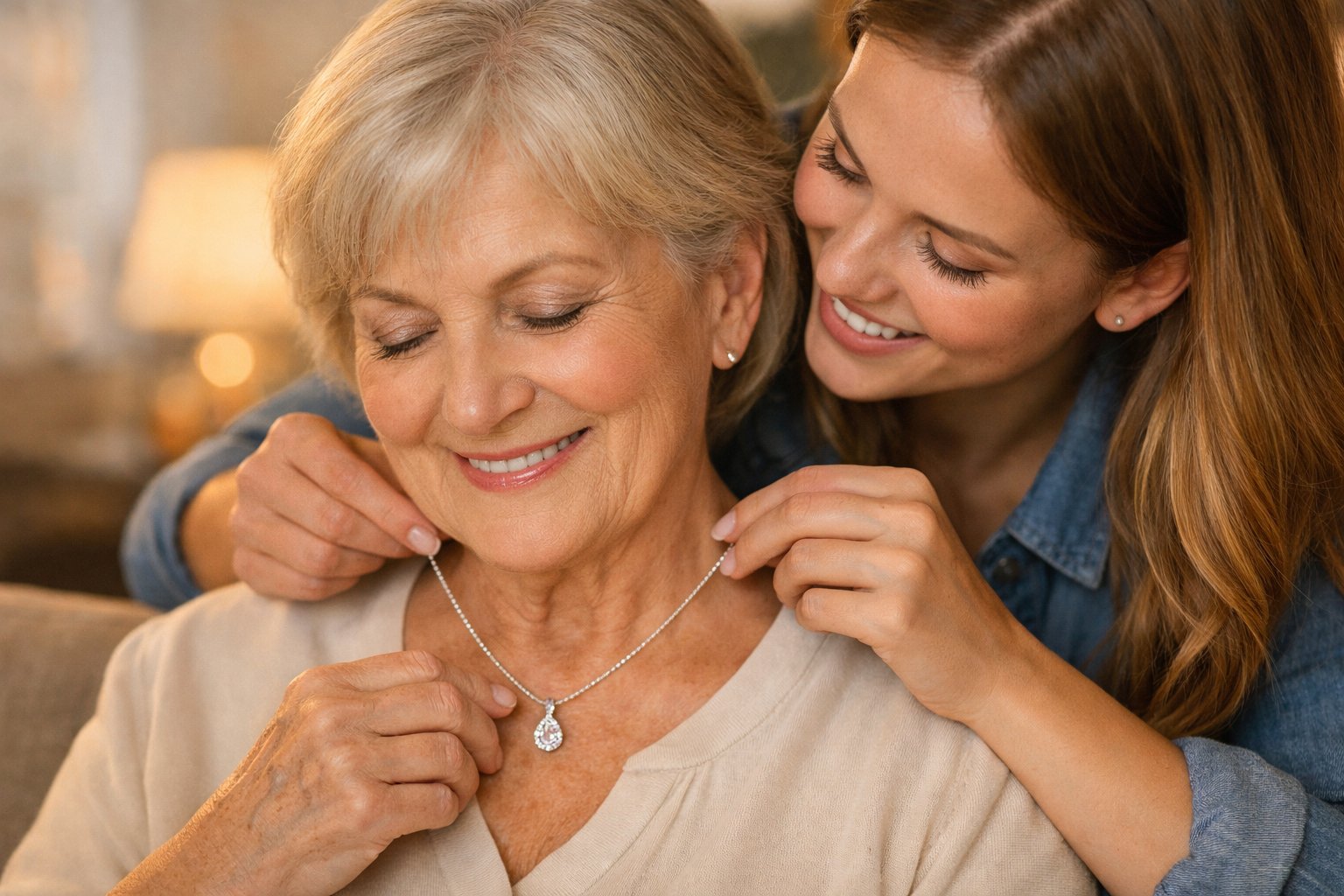 A granddaughter placing a necklace on her grandmother, both smiling warmly in a cozy home setting.