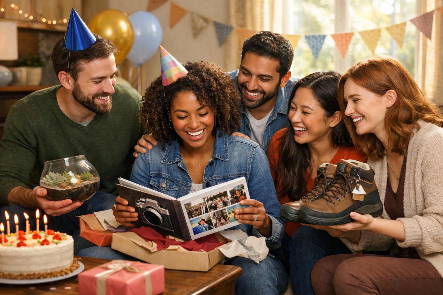 A group of best friends exchanging thoughtful birthday gifts in a cozy living room, smiling and enjoying the celebration together.