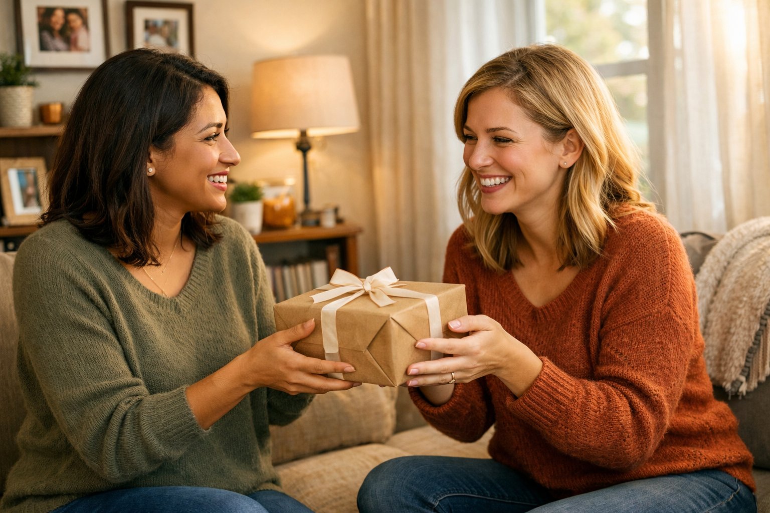 Two friends exchanging birthday gifts in a cozy living room, smiling warmly at each other.