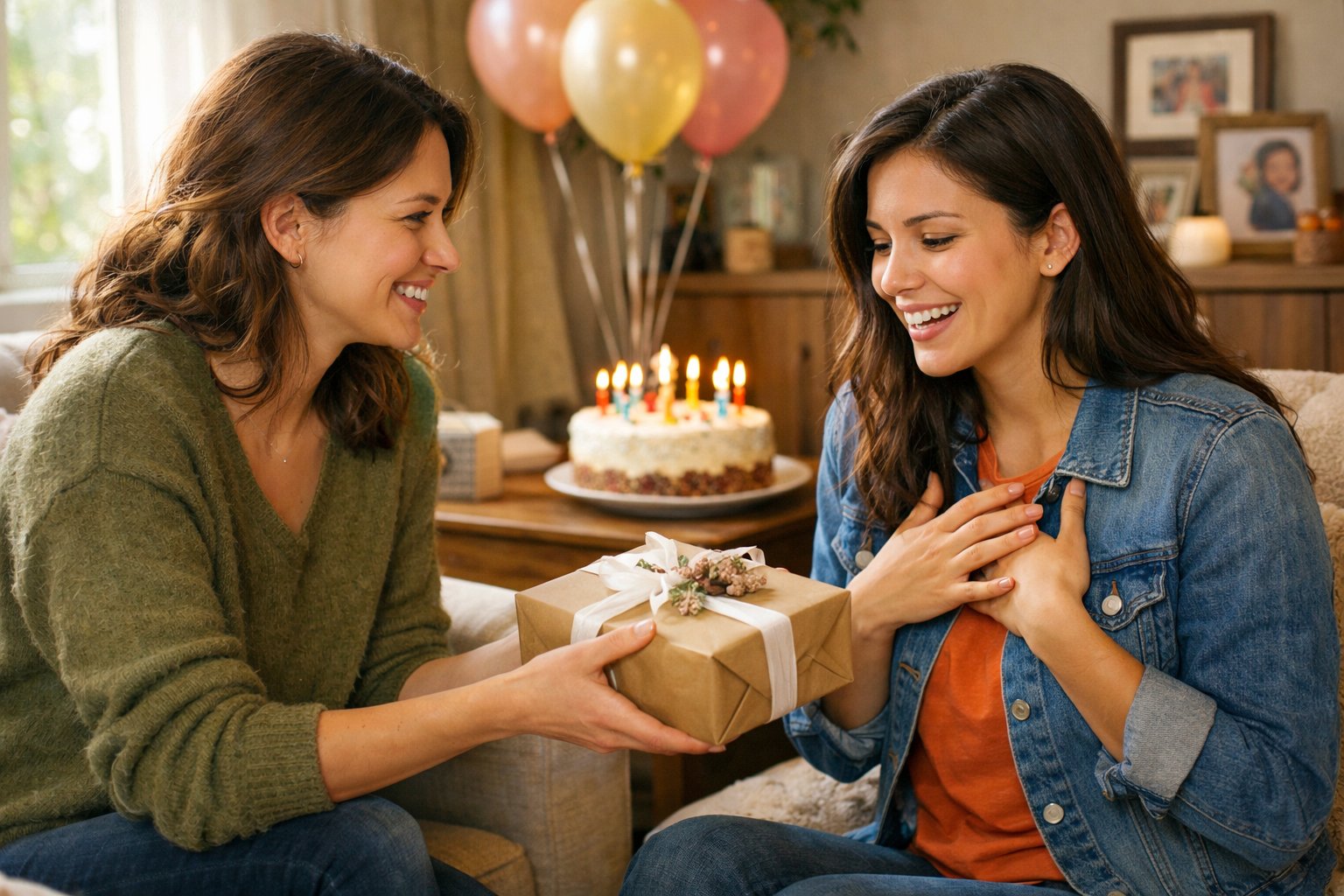 Two best friends exchanging birthday gifts in a cozy living room, smiling and sharing a heartfelt moment.