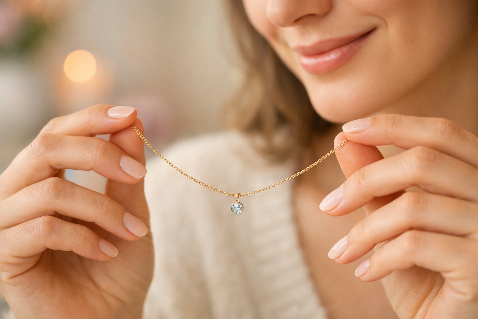 A woman holding a delicate birthday necklace with a birthstone pendant in her hands, smiling gently.