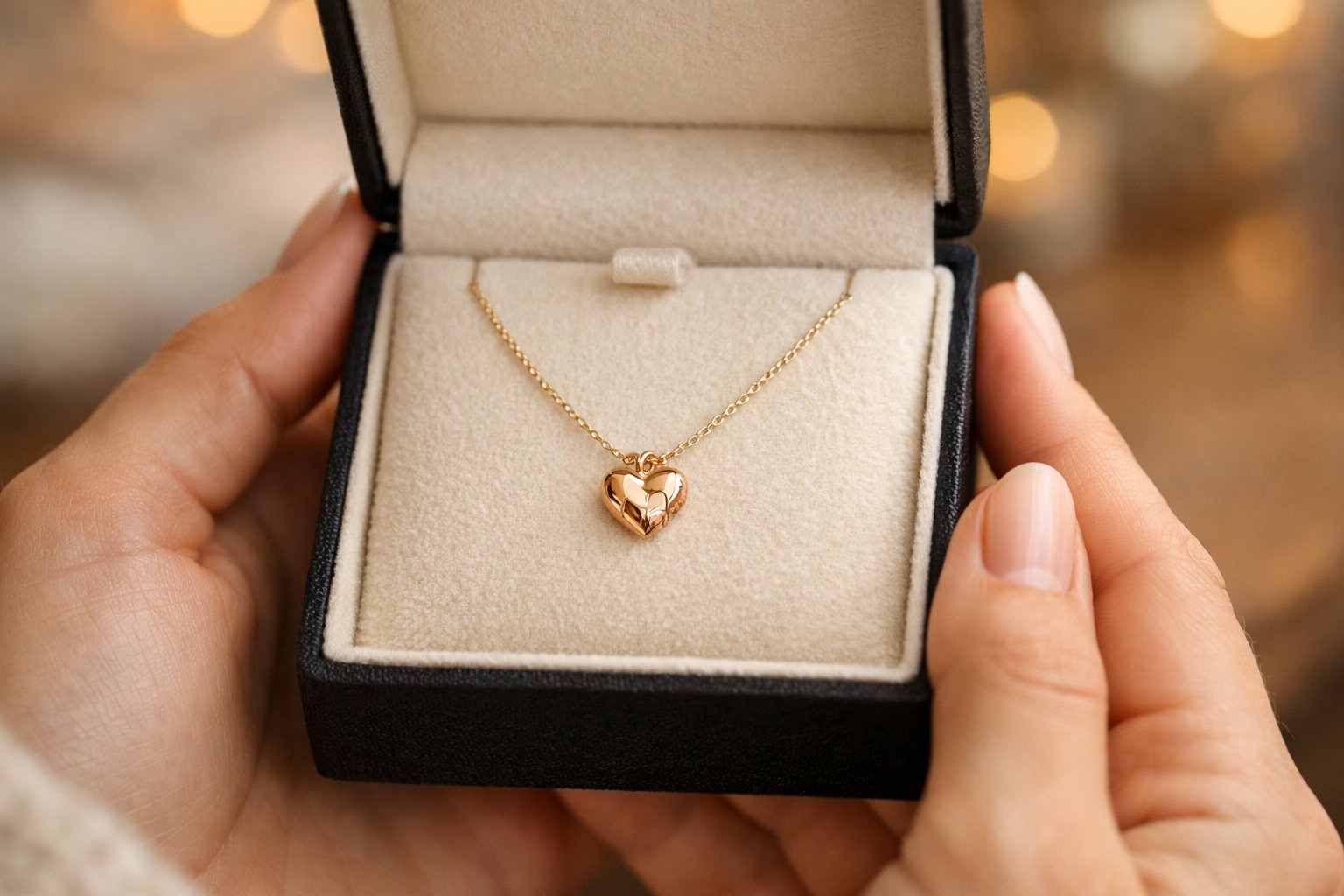 Close-up of hands holding an open jewelry box with a delicate necklace inside, symbolizing a heartfelt birthday gift.