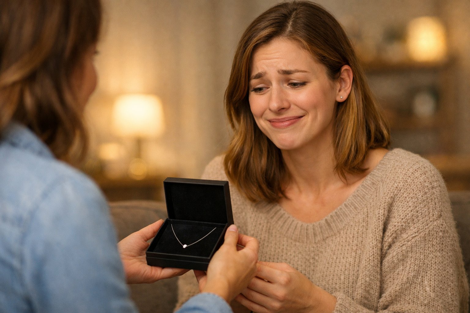 A young woman receives a delicate necklace as a birthday gift from a friend, showing a polite but uncomfortable expression in a cozy indoor setting.