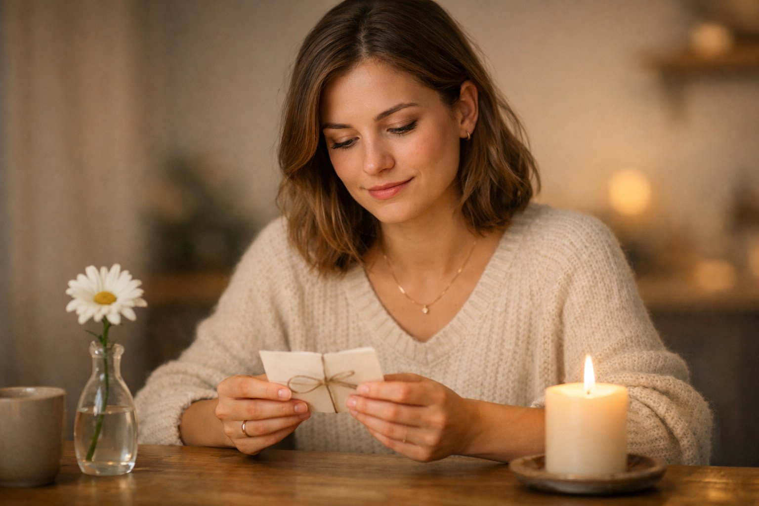 A woman sitting alone at a softly lit table, holding a small gift or letter, looking calm and thoughtful.