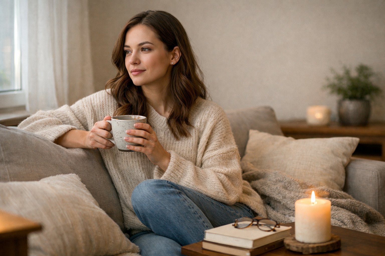 A young woman sitting quietly on a couch holding a cup, surrounded by books and a lit candle in a calm living room.