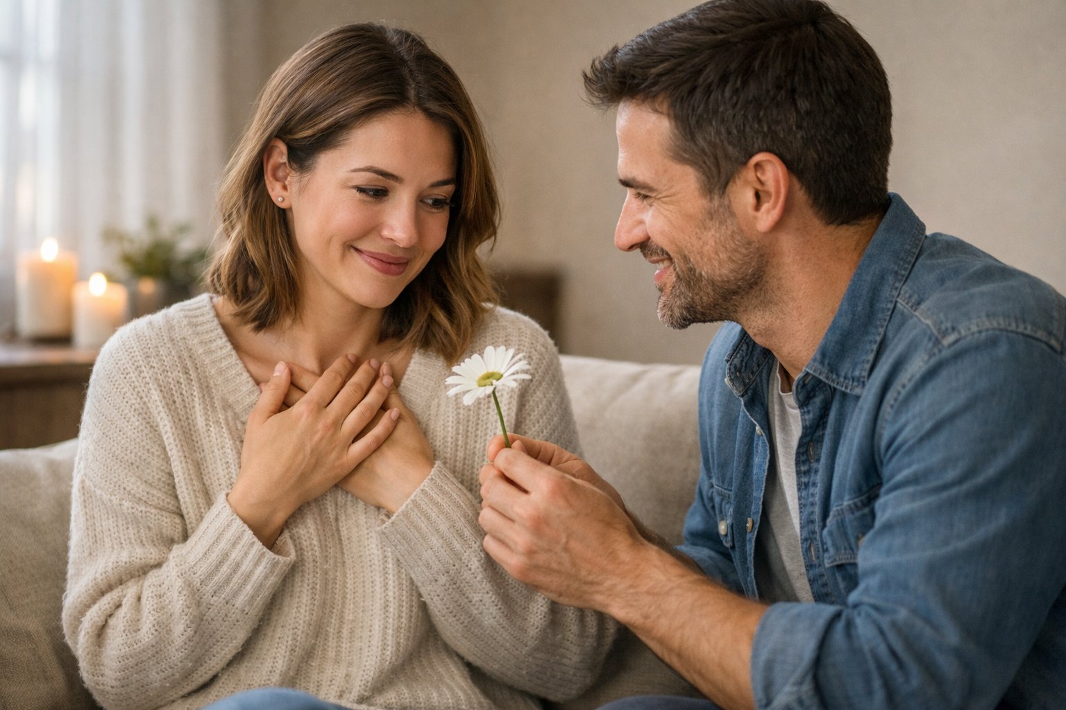A woman looks touched as a man gives her a small, meaningful gift in a cozy living room.