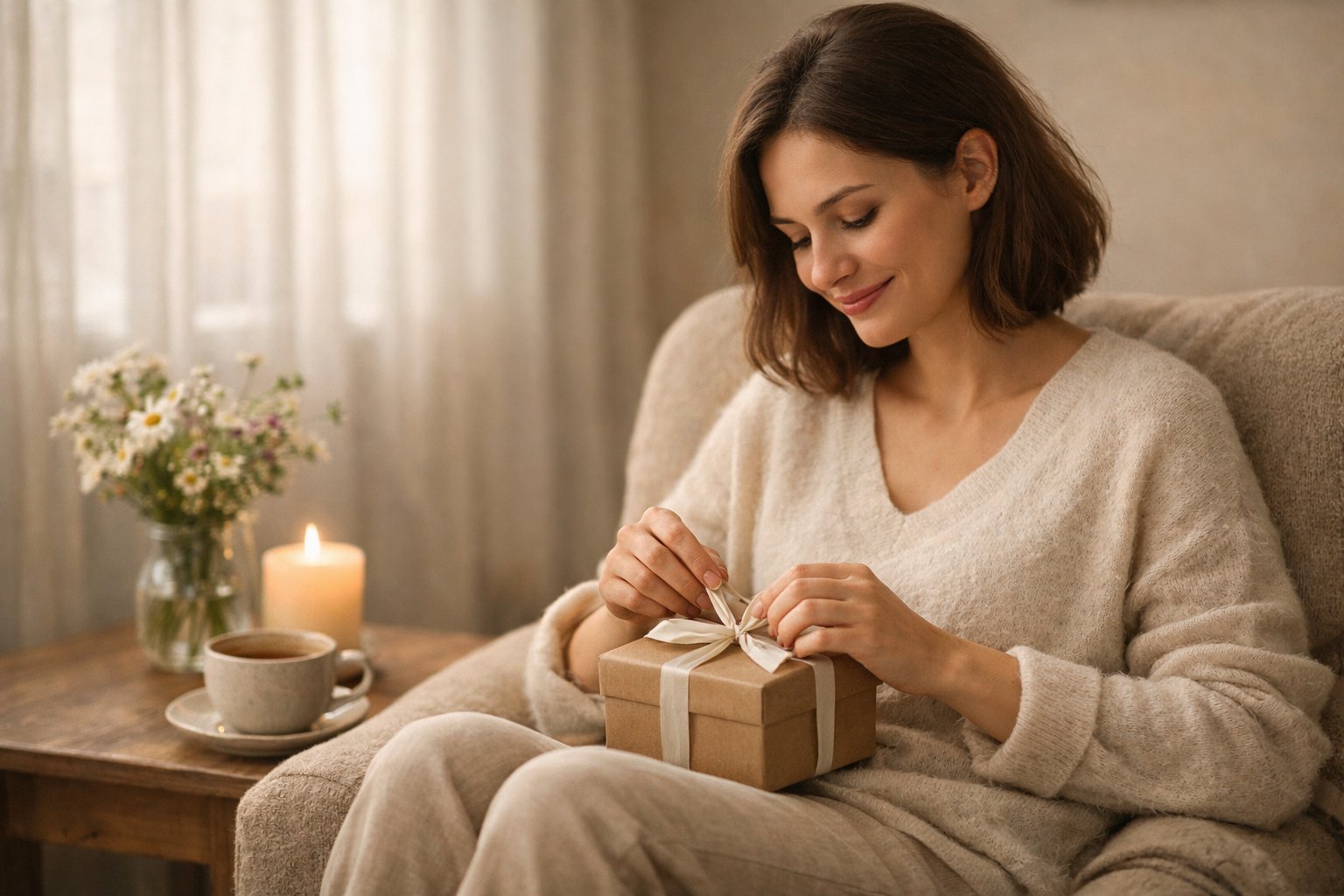 A woman sitting in a cozy room unwraps a small birthday gift with a gentle smile, surrounded by simple decorations and warm light.
