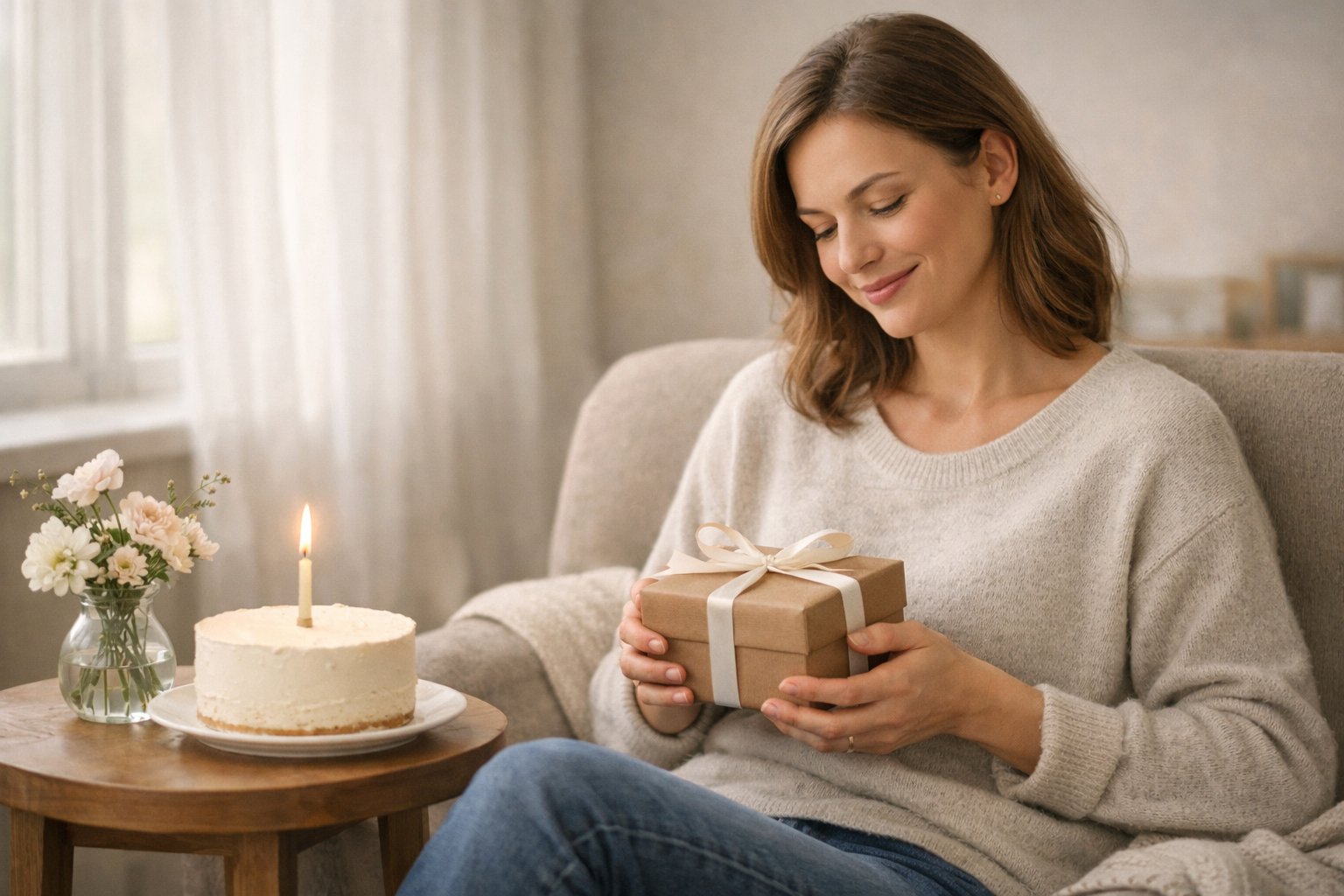 A woman sitting quietly in a cozy room holding a small gift, with a lit candle on a cake nearby.