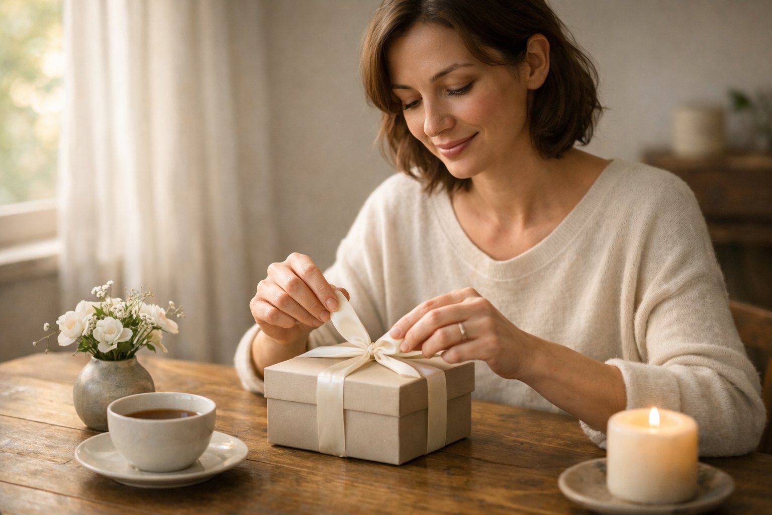 A woman quietly unwrapping a birthday gift in a cozy, softly lit room with flowers and a candle nearby.