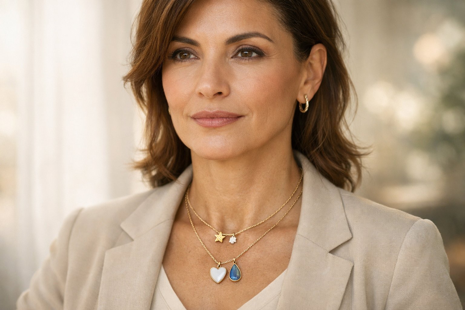 Close-up of a confident woman wearing delicate birthday necklaces, looking calm and strong.