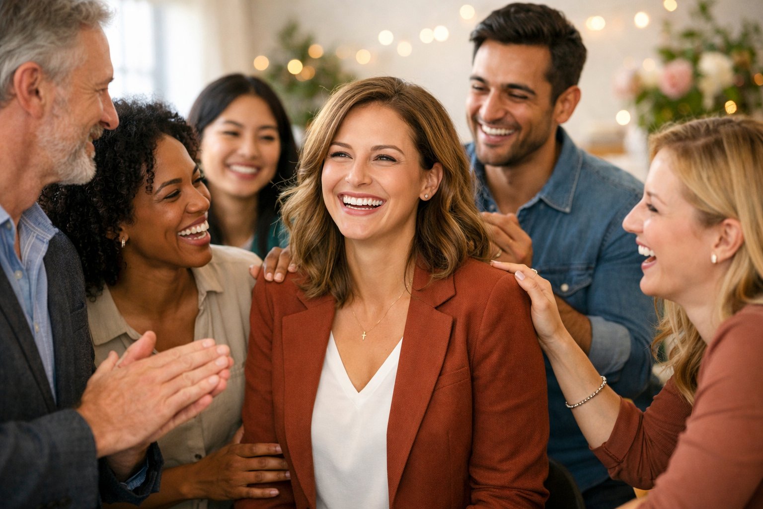 A group of people warmly celebrating a smiling woman in a bright, inviting room, showing appreciation and connection without any numbers or text.