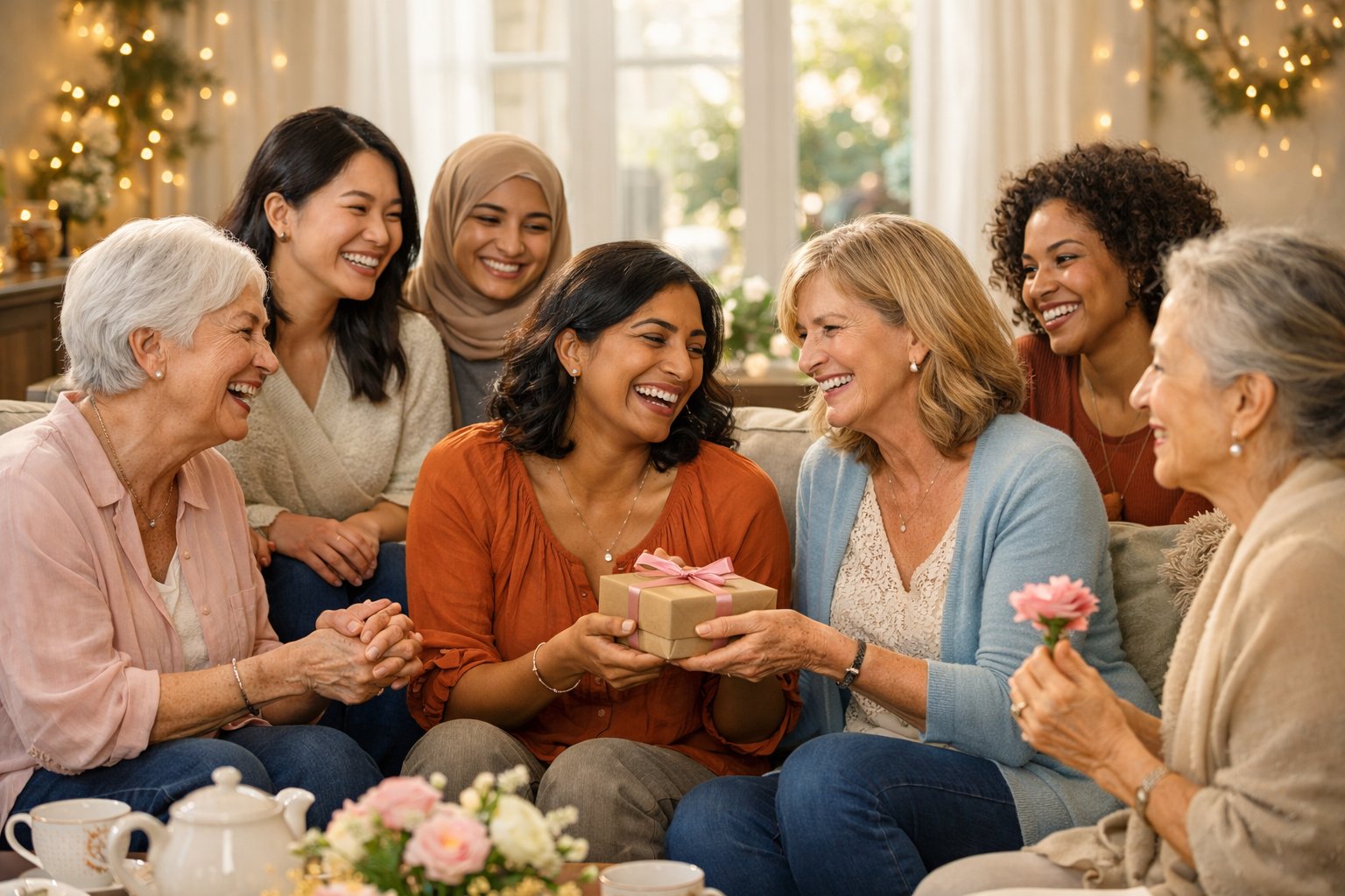 A group of women happily gathered in a living room, sharing smiles and heartfelt moments together.