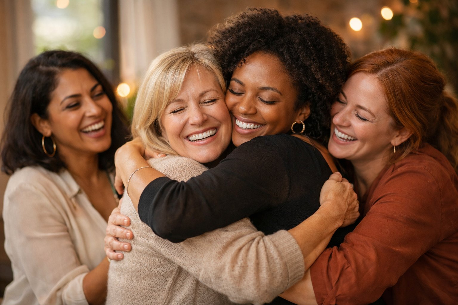 A group of diverse women smiling and embracing each other in a warm indoor setting, sharing a joyful moment together.