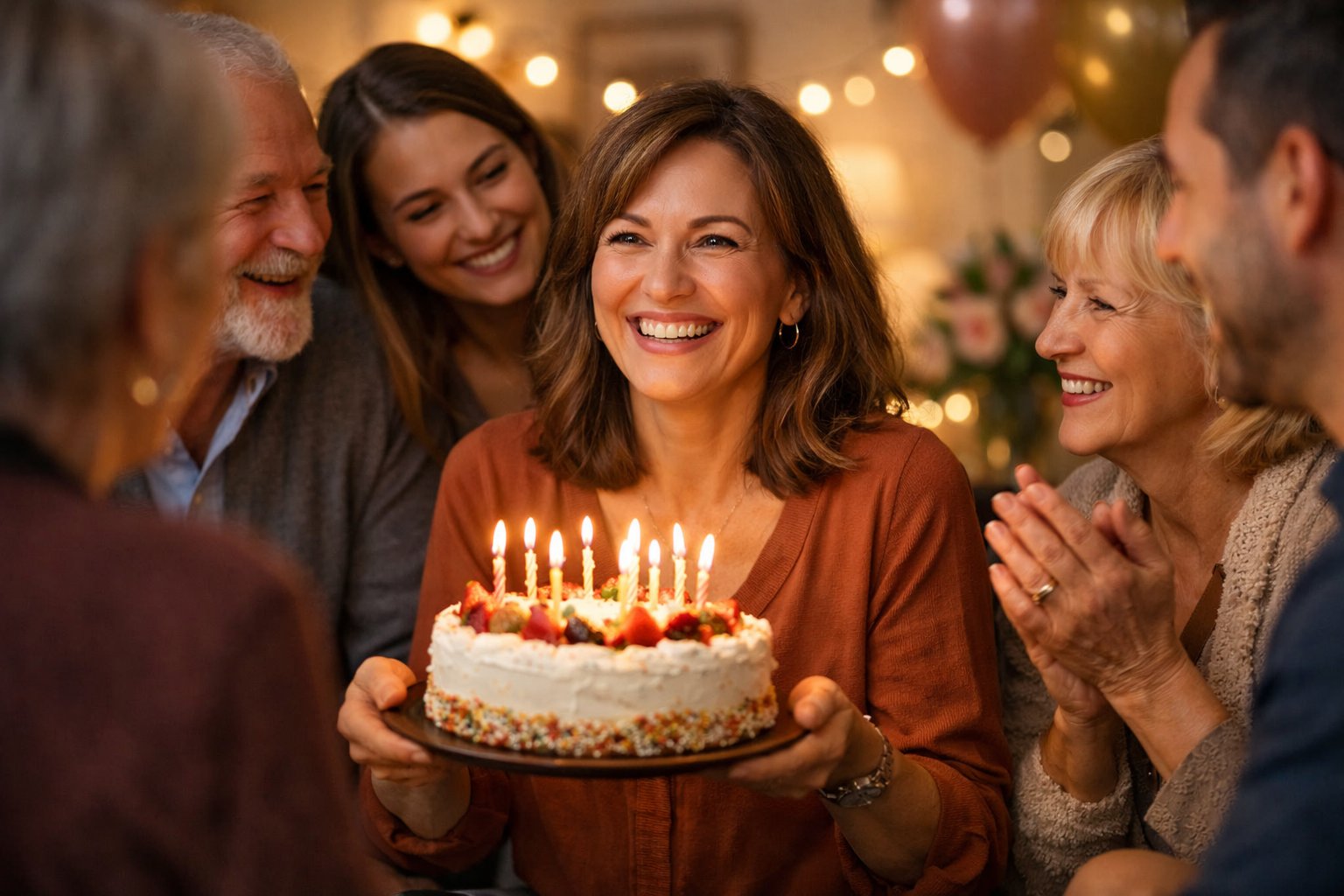 A woman smiling warmly while holding a birthday cake surrounded by friends and family celebrating together in a cozy room.