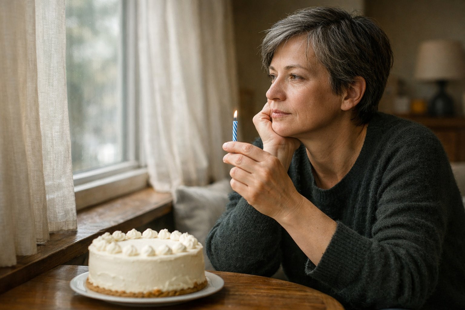 A person sitting alone by a window, looking thoughtful and holding a small birthday candle next to an untouched birthday cake.