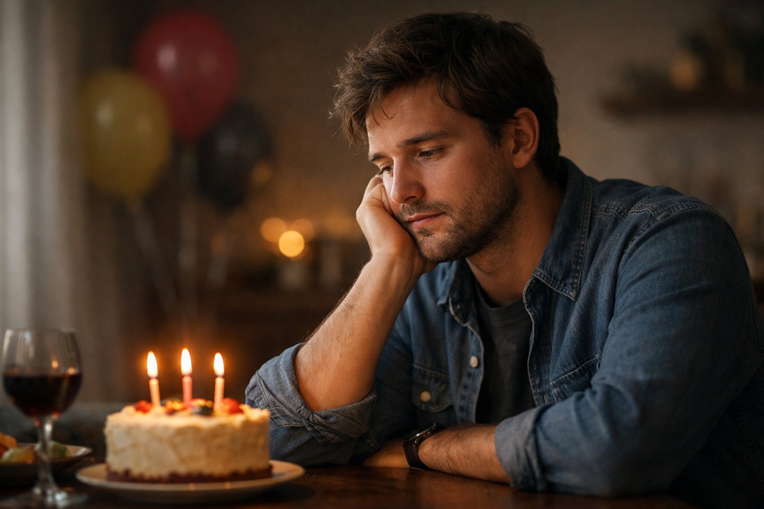A young adult sitting alone at a table with a small birthday cake, looking thoughtful and reflective.