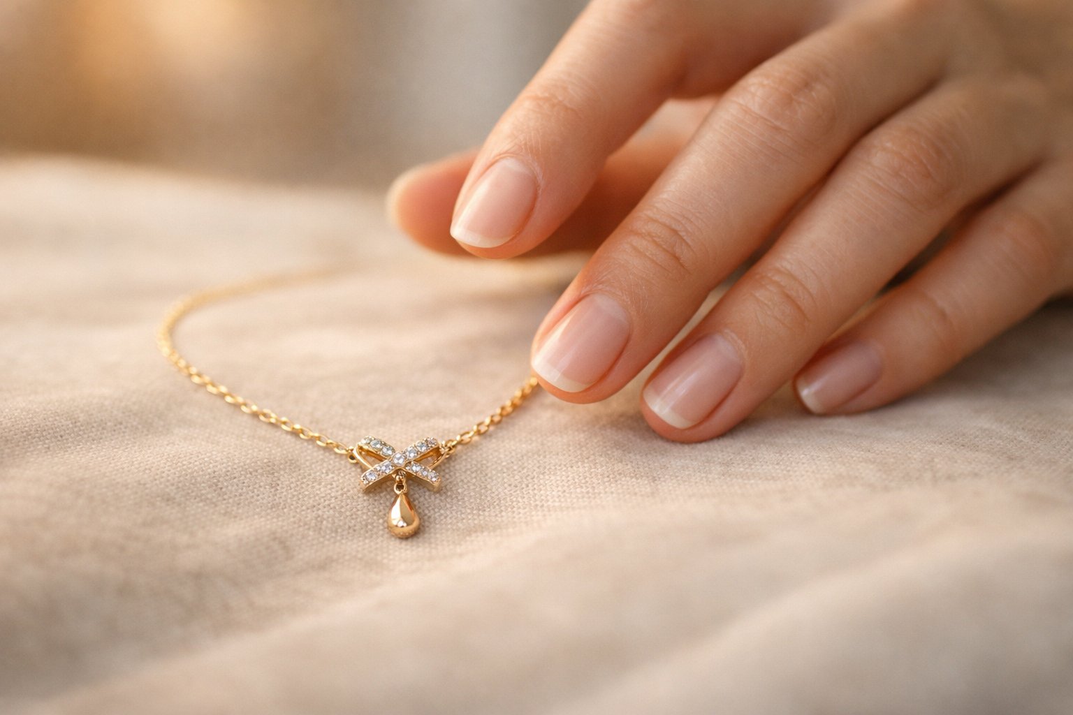 A woman’s hand reaching for a delicate gold necklace with a small pendant resting on soft fabric.