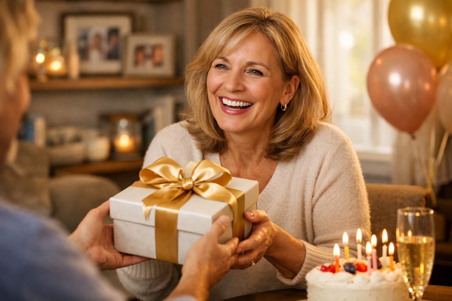 A middle-aged woman smiling as she receives a wrapped birthday gift from a loved one in a cozy living room with birthday decorations.