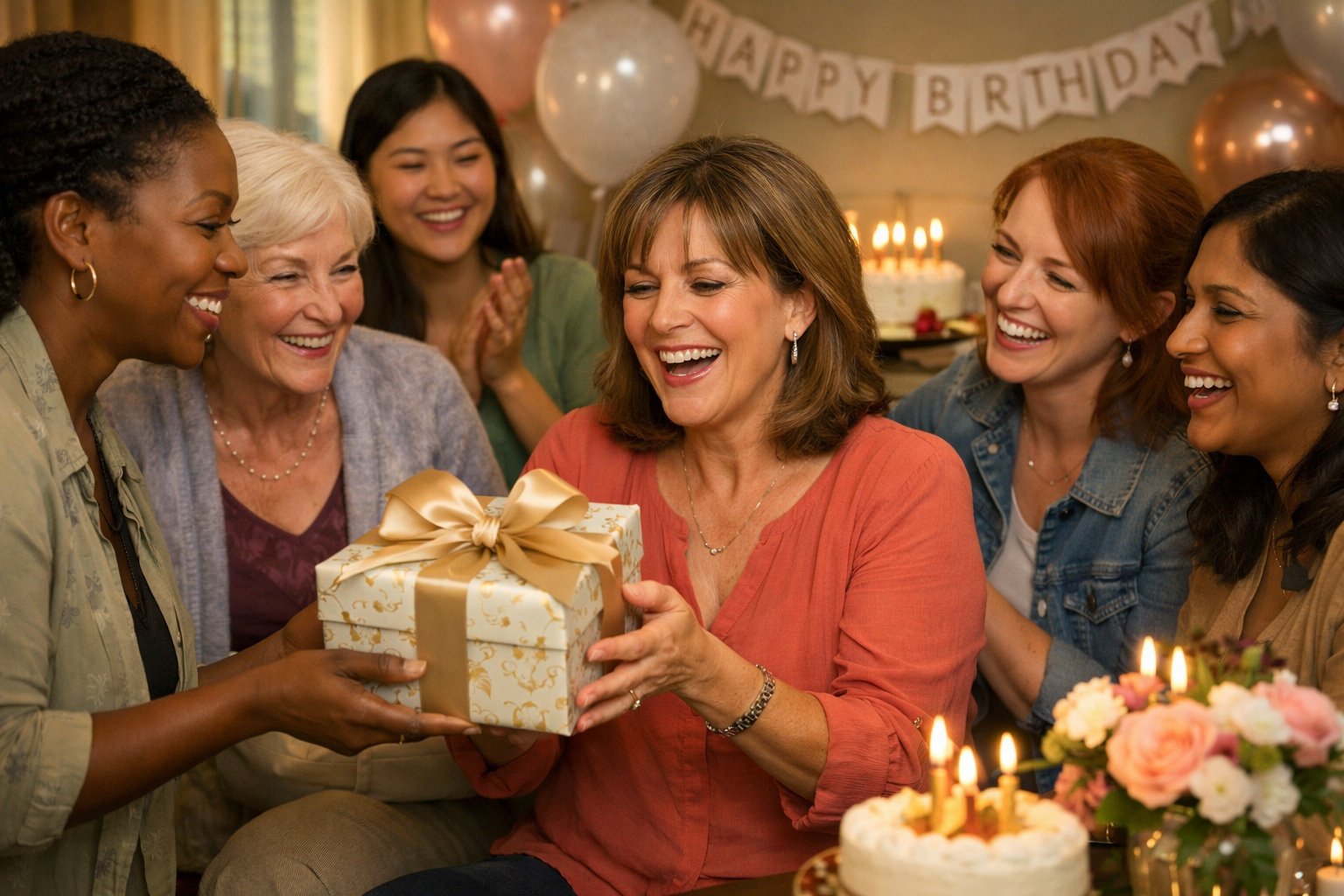 A group of women celebrating a milestone birthday as one woman receives a gift, surrounded by decorations and a birthday cake.