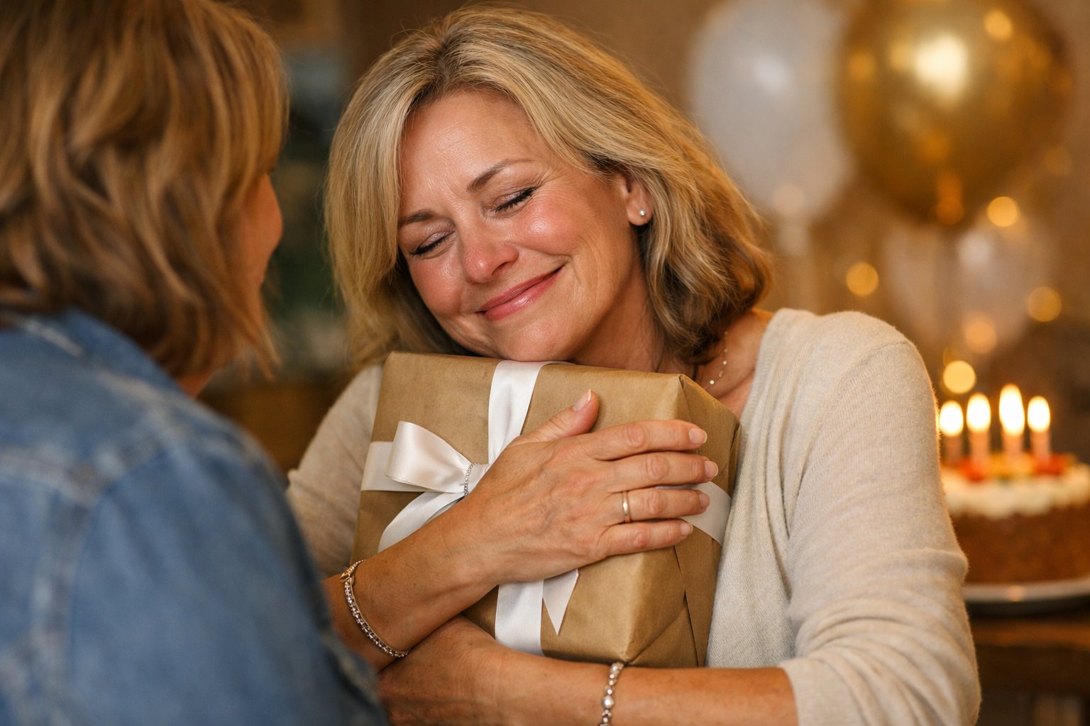 A middle-aged woman smiling emotionally while receiving a birthday gift from a friend in a warmly decorated room.