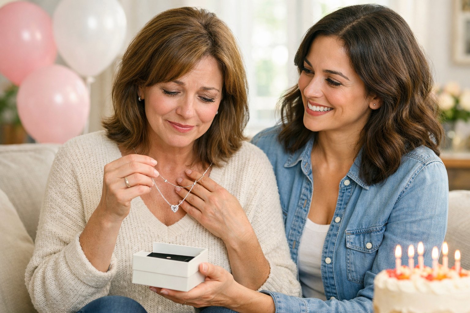 Two women in a living room, one holding a necklace and looking emotional, the other smiling warmly.