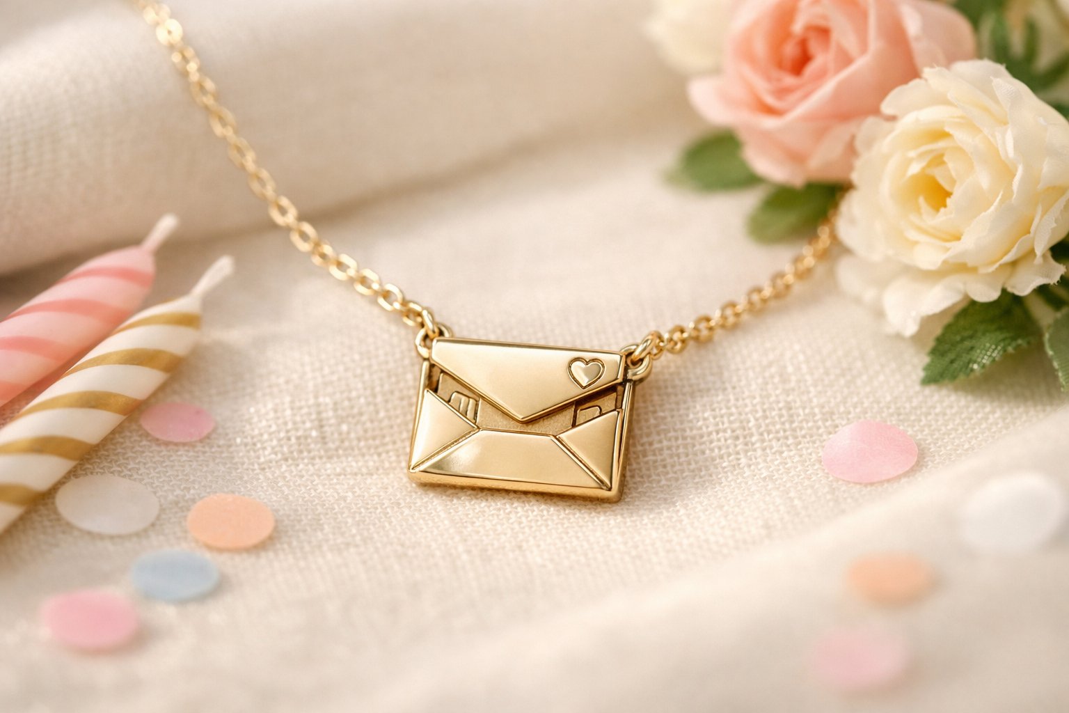 Close-up of a delicate message card necklace on soft fabric with birthday-themed decorations around it.