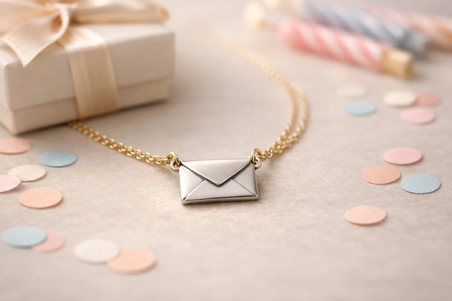 Close-up of a delicate necklace with a message card pendant placed on a neutral surface, surrounded by birthday decorations like confetti and a gift box.