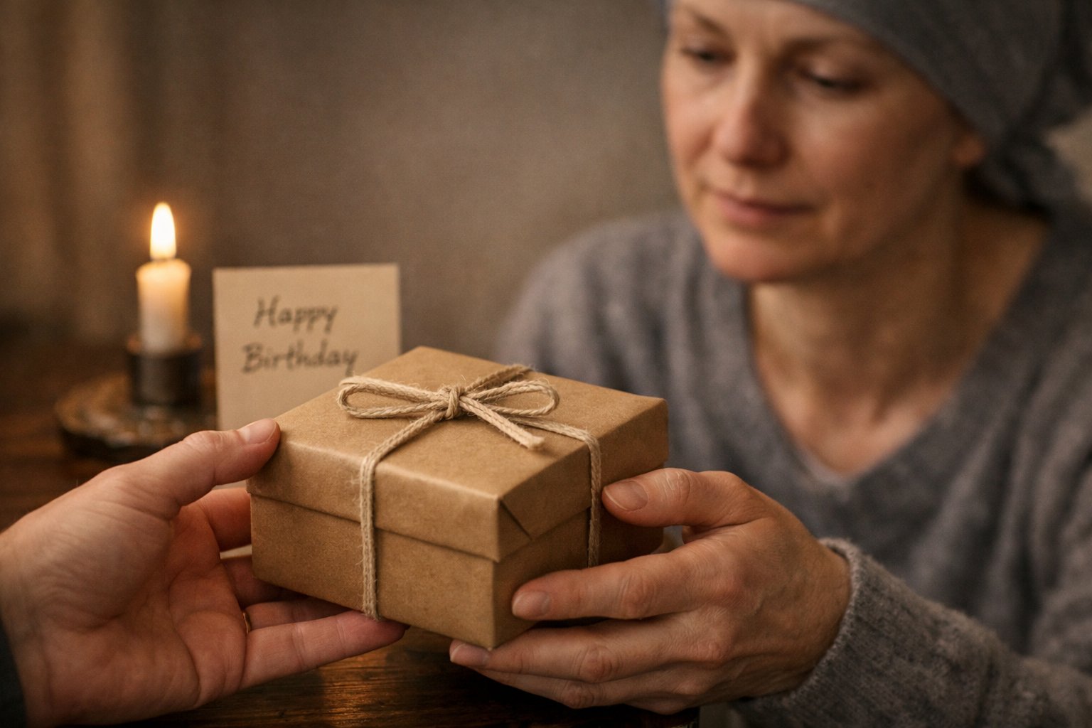 Two hands exchanging a small wrapped gift in a quiet indoor setting, with a softly blurred background and warm lighting.