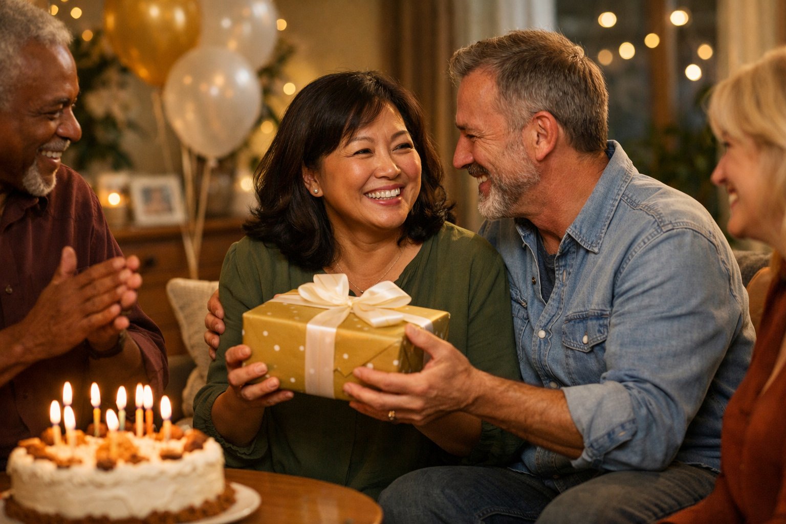 A group of adults celebrating a milestone birthday with one person happily receiving a wrapped gift in a cozy living room.