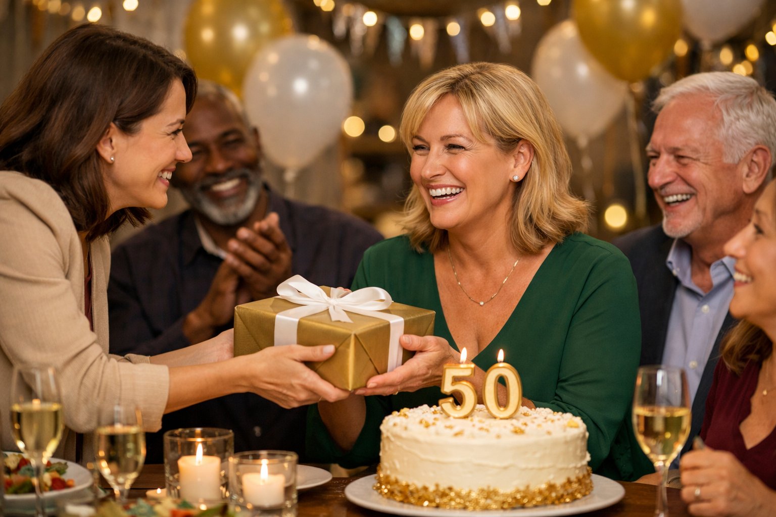 A group of adults celebrating a milestone birthday with a decorated cake and a person receiving a gift, surrounded by festive decorations.