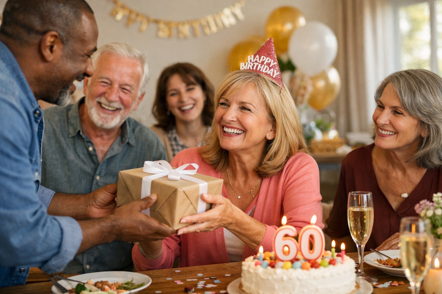 A group of adults celebrating a milestone birthday with gifts and a cake around a decorated table.