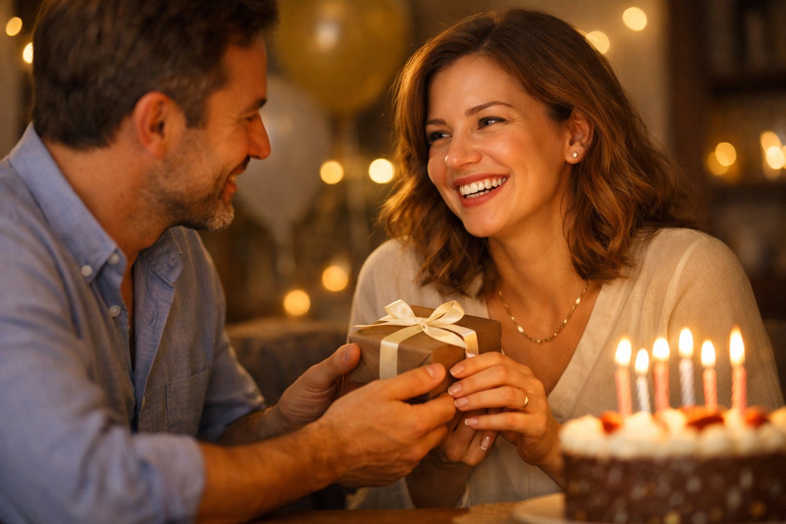 A man and a woman sharing a joyful moment during her birthday celebration, with the woman smiling and the man holding her hand near a birthday cake.