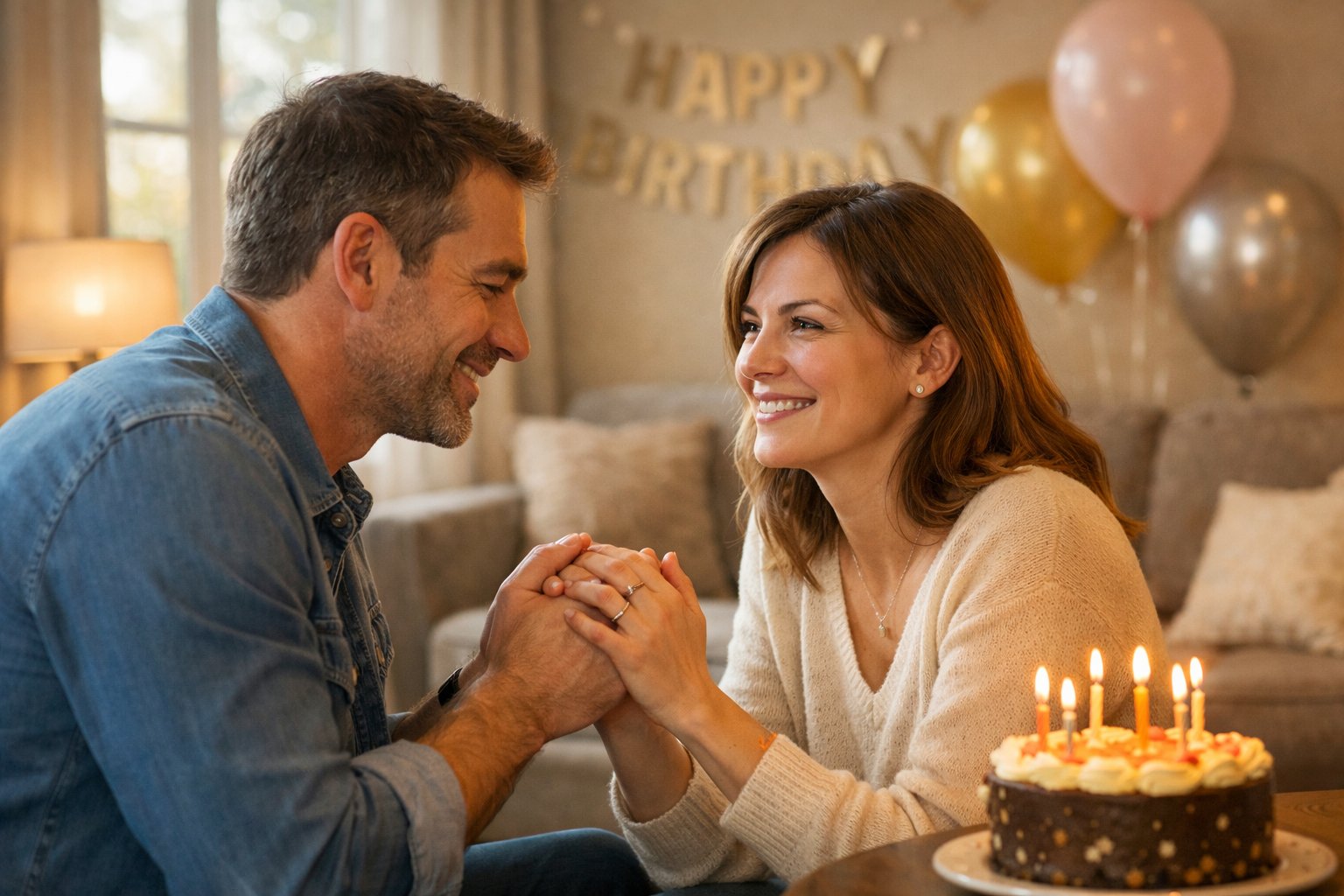 A man and woman holding hands and smiling warmly at each other during a birthday celebration in a cozy room.