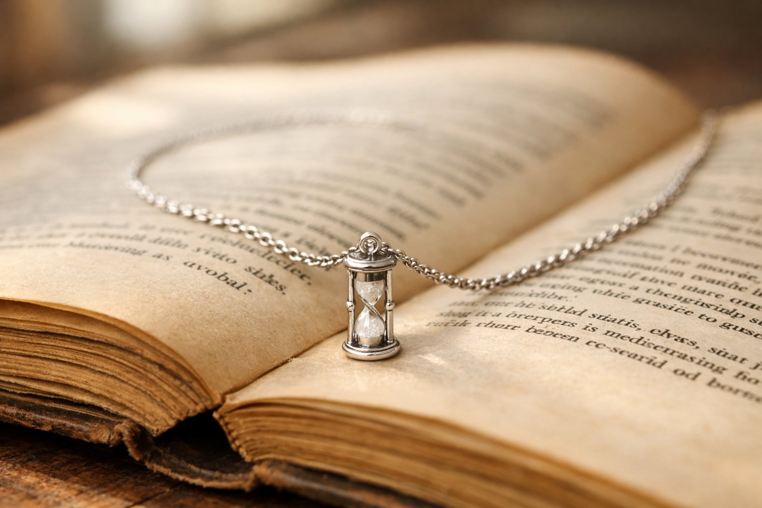 Close-up of a delicate necklace with a time-themed pendant resting on an open vintage book.