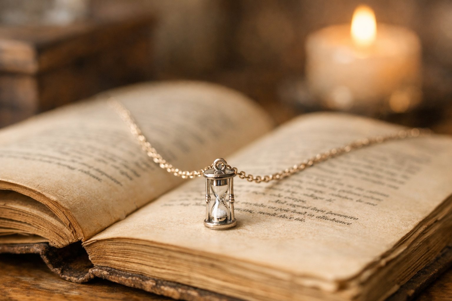 Close-up of a delicate necklace with an hourglass pendant resting on an open vintage book, with a softly lit cozy background.
