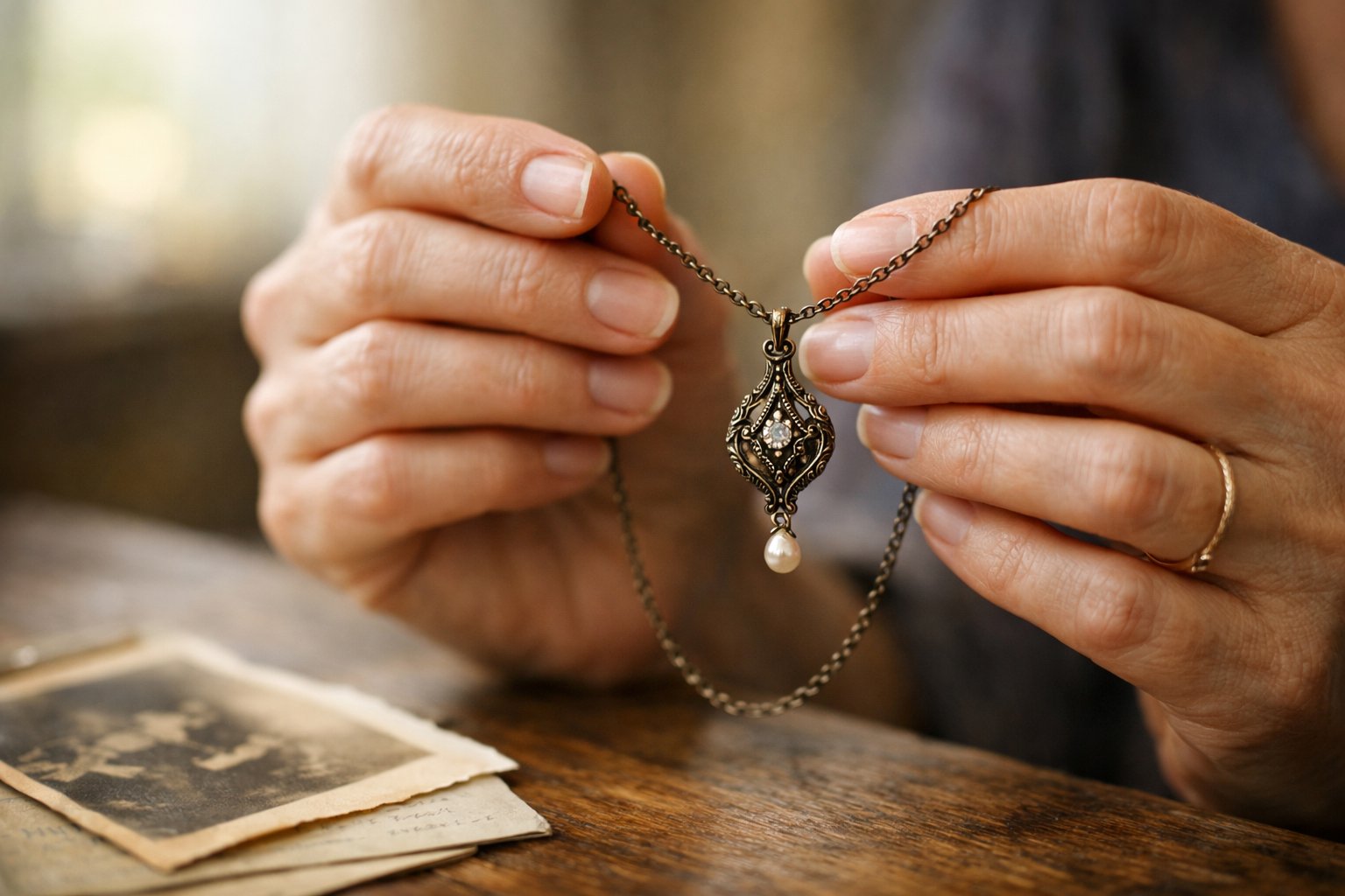 A woman's hands holding a delicate vintage necklace over a wooden table with a faded photograph nearby.