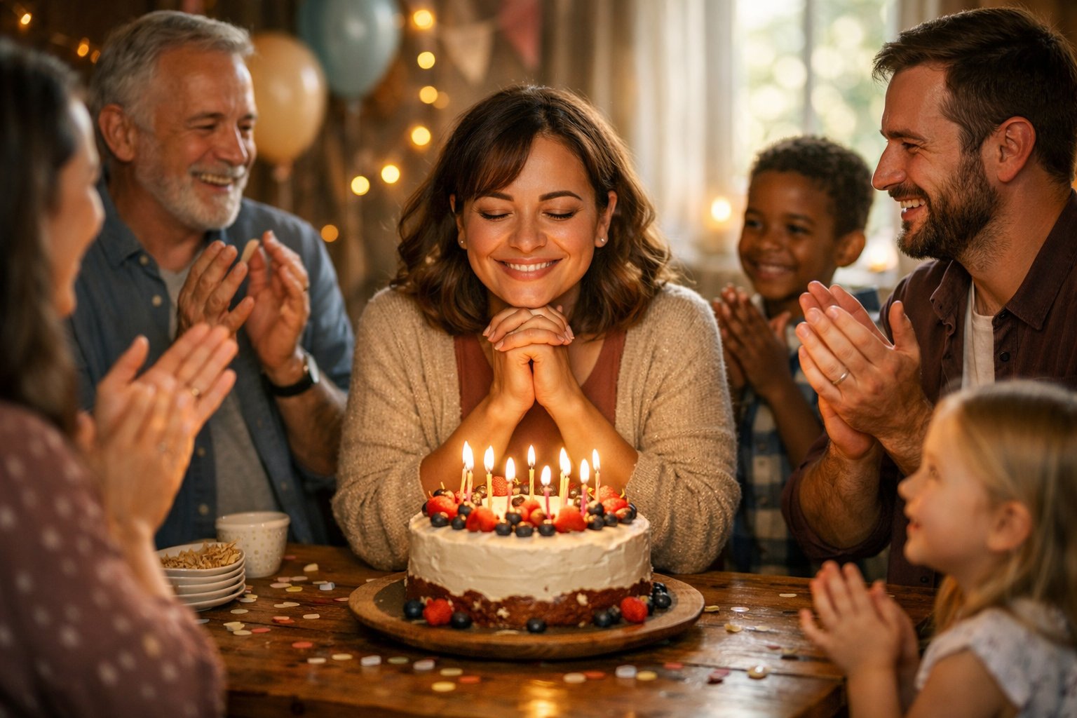 A group of people gathered around a birthday cake with lit candles, smiling and celebrating together in a cozy room.