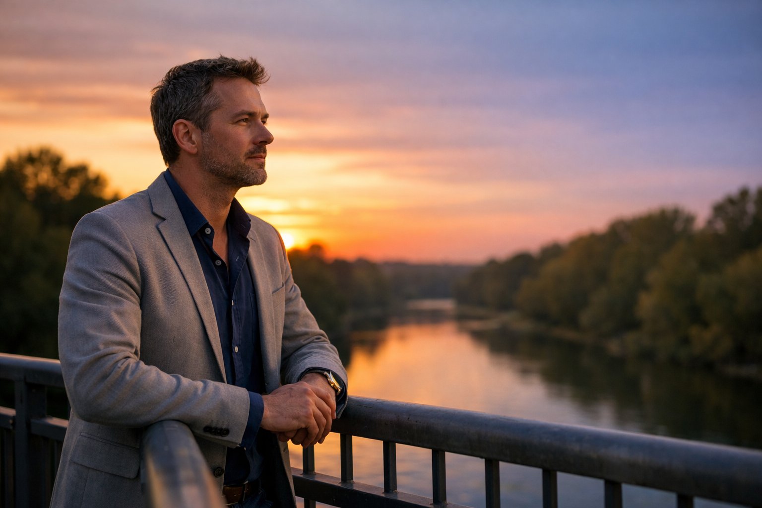 A thoughtful middle-aged person standing on a bridge at sunset, looking into the distance with a calm river and trees in the background.
