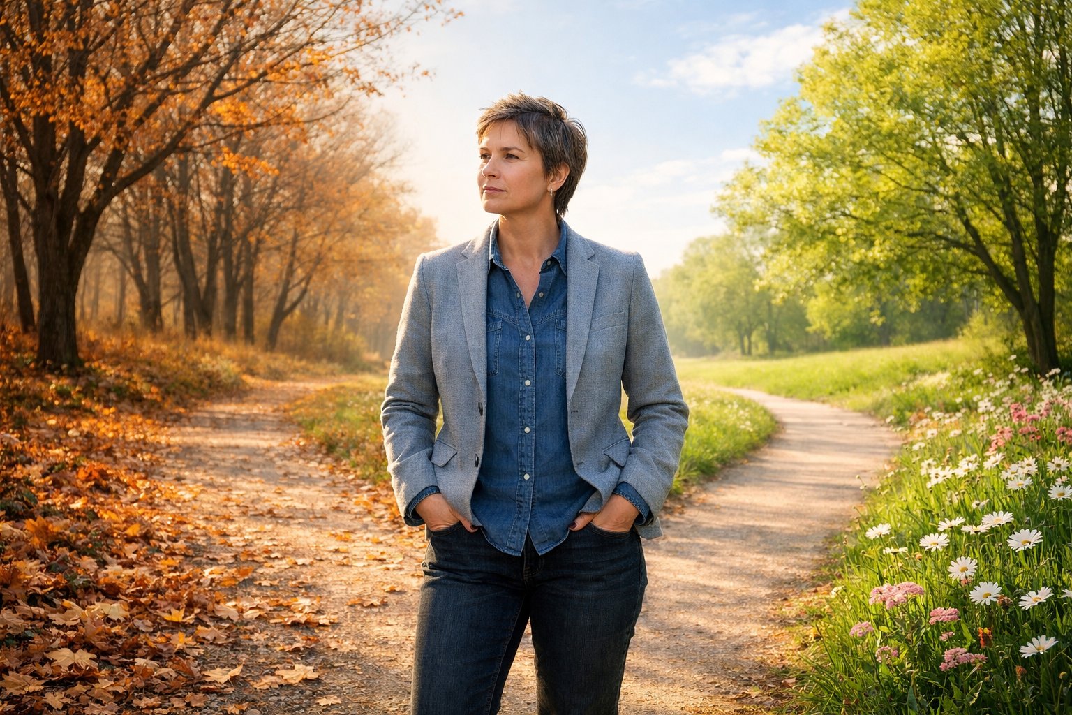 A middle-aged person standing on a path between autumn trees and spring greenery, looking thoughtful and reflective.