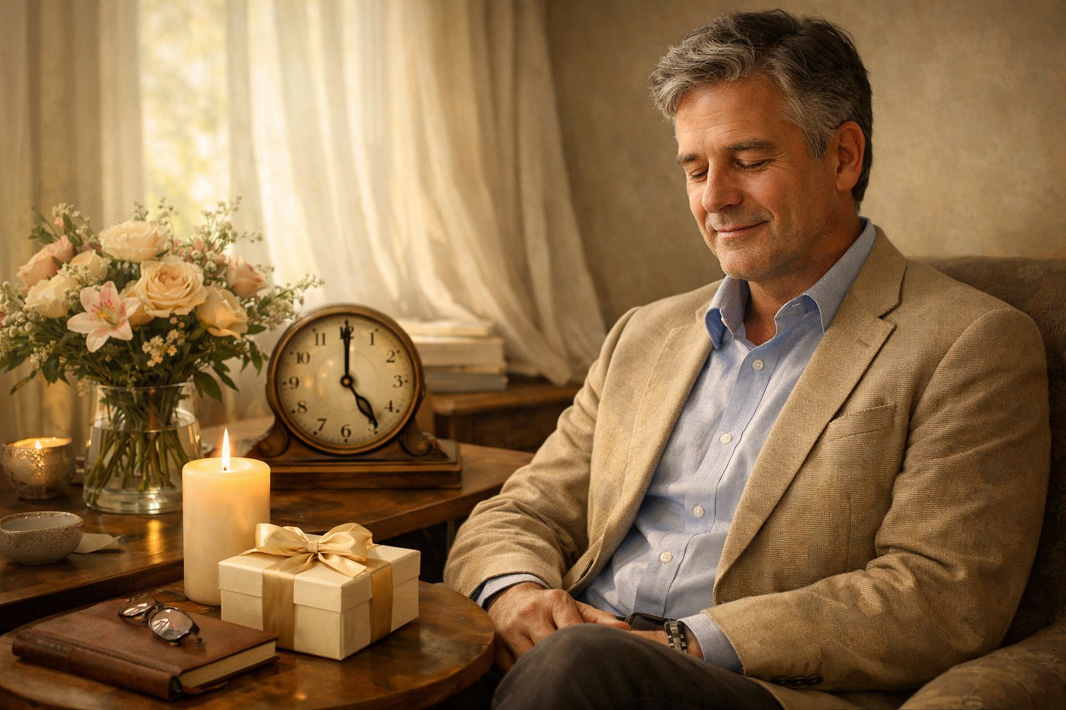 A mature person sitting peacefully in a softly lit room surrounded by flowers, a candle, and personal mementos, celebrating their 50th birthday.