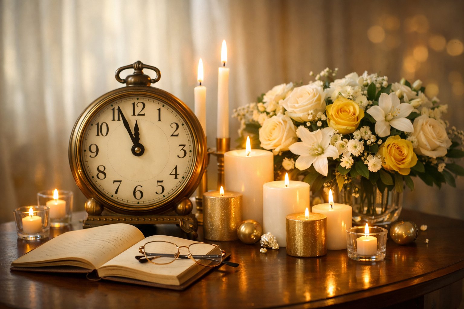 A peaceful table setting with candles, flowers, a vintage clock, a journal, and reading glasses symbolizing reflection on fifty years.