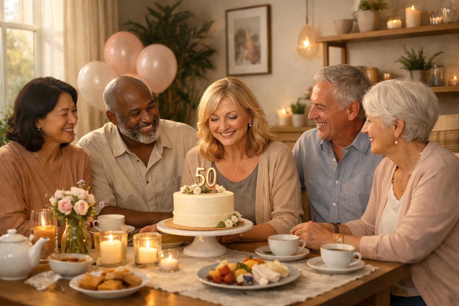 A group of middle-aged and older adults gently celebrating a 50th birthday around a decorated table with a cake, flowers, and candles in a cozy living room.