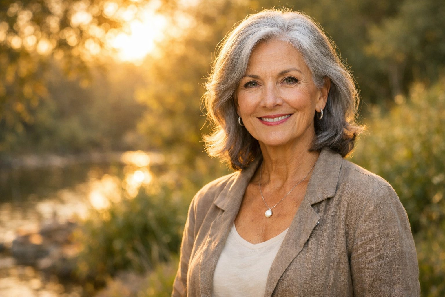 A smiling older woman with silver hair standing outdoors in a sunlit natural setting surrounded by greenery.