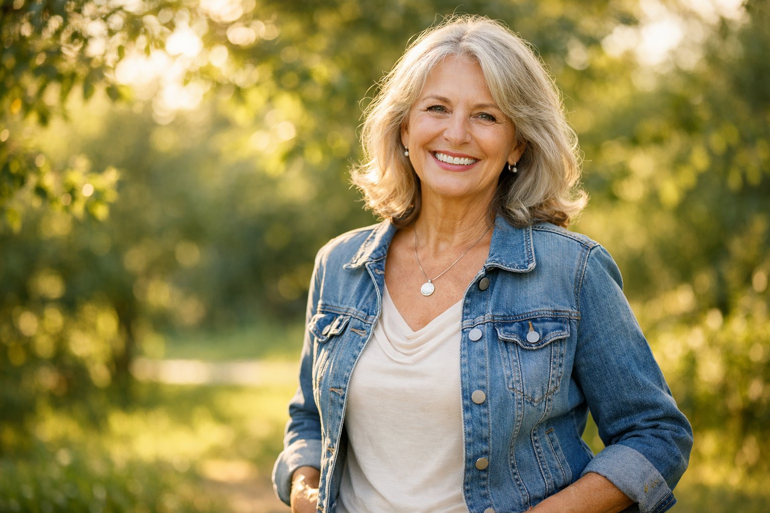 A smiling woman in her sixties standing outdoors in a sunlit garden with green trees in the background.