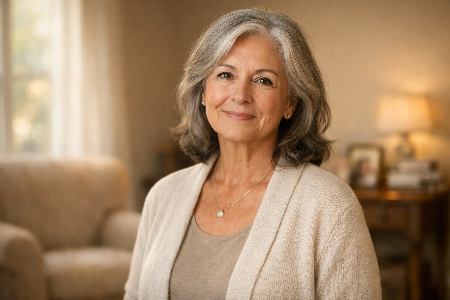 A mature woman in her sixties standing indoors with a calm and proud expression, surrounded by personal items that suggest a rich life journey.
