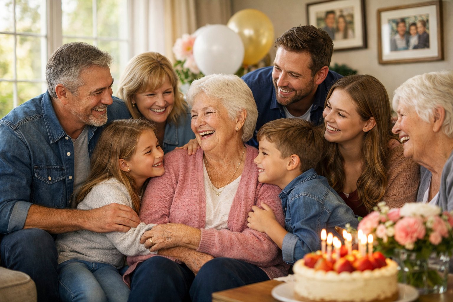 An elderly person celebrating their 70th birthday surrounded by smiling family members of different generations in a cozy living room.